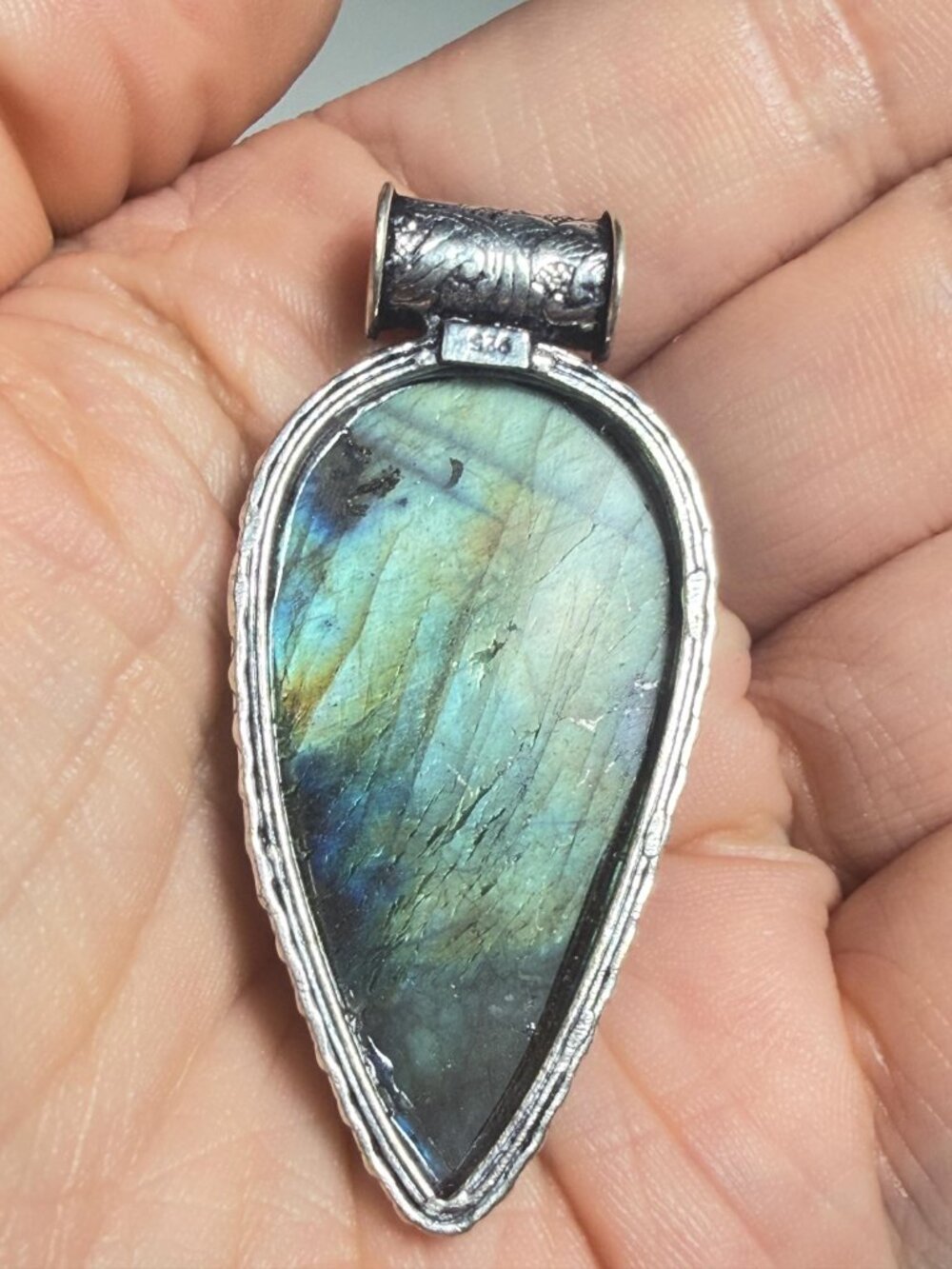 Labradorite Pendant | Blue Green Flash | Teardrop | Hollow Bale | 2 Inches - Picture 7 of 10